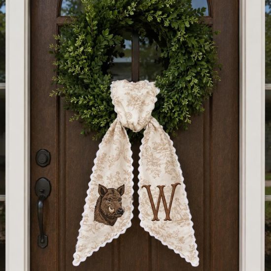 Picture of Personalized Wild Boar Wreath Sash, Neutral Monogram Sash, Custom Initial Hunting Bear  Wreath Bow, Rustic Thanksgiving Lodge Hostess Gift