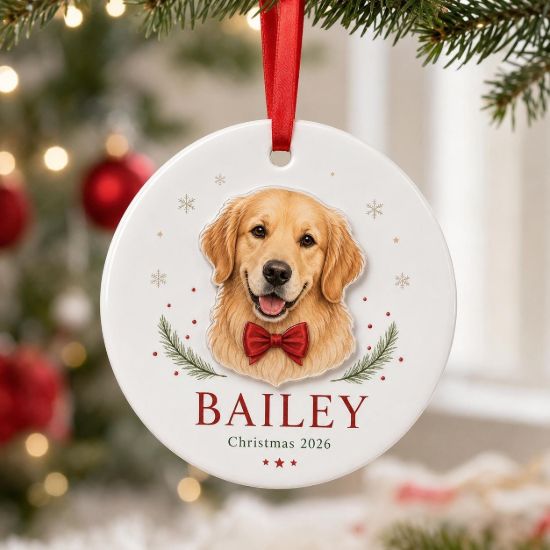 Picture of Personalized Golden Retriever Christmas Ornament, Custom Pet Name 2 Layer Ceramic Acrylic Ornament, Dog Lover Gift, Christmas Keepsake 2026