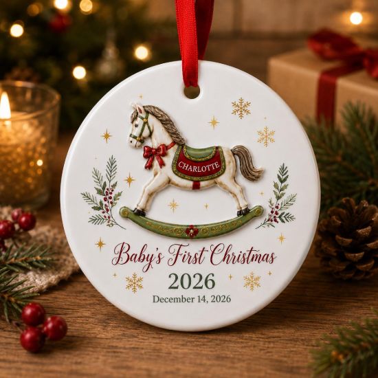 Picture of Baby First Christmas Ornament, Personalized Rocking Horse Ceramic Acrylic Ornament, Custom Name Baby Keepsake, Newborn Christmas Gift 2026