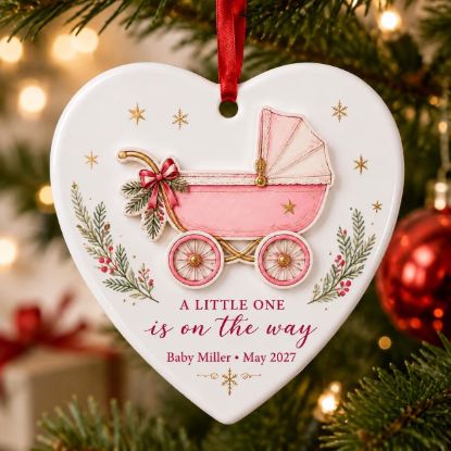 Picture of Personalized Pregnancy Announcement Ornament, Baby Girl Stroller 2 Layer Ceramic Acrylic Keepsake, Baby Coming 2027, Expecting Parents Gift