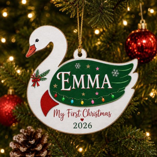 Picture of Personalized First Christmas Ornament, Custom Name Swan Wood Ornament, Baby First Christmas Gift, Personalized Kids Keepsake, Christmas 2026