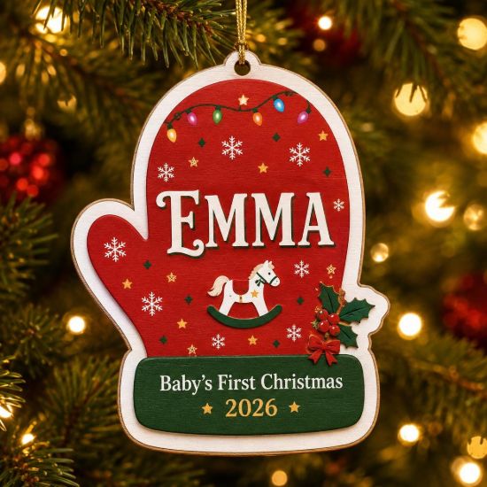 Picture of Personalized Baby First Christmas Ornament, Custom Name Mitten Wood Ornament, Rocking Horse Baby Keepsake, Newborn Christmas Gift 2026