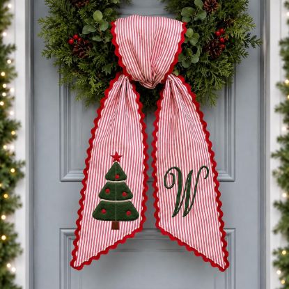 Picture of Personalized Christmas Wreath Sash, Custom Monogram Wreath Bow, Red White Striped Christmas Bow, Holiday Door Decor, Christmas Wreath Gift