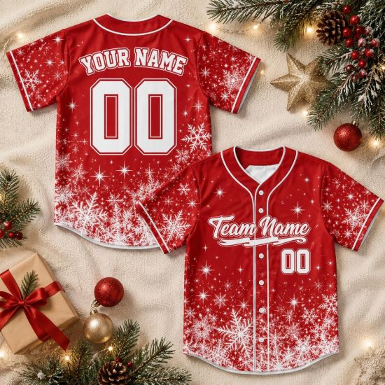 Picture of Personalized Christmas Baseball Jersey, Custom Name Number Snowflake Shirt, Holiday Team Jersey, Family Xmas Gift, Winter Sports Top