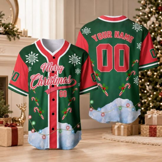 Picture of Personalized Christmas Baseball Jersey, Custom Merry Christmas Shirt, Holiday Team Uniform, Family Matching Xmas Gift, Festive Baseball Top