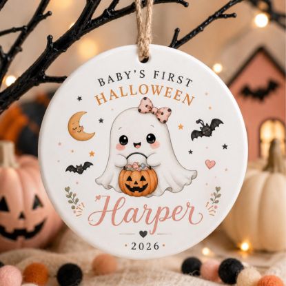 Picture of Baby’s First Halloween Ornament, Personalized Baby Name Halloween Ornament, Custom Infant Keepsake Gift, Cute Ghost Pumpkin Decor 2026