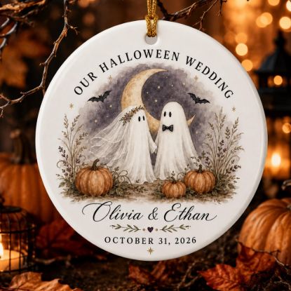 Picture of Personalized Halloween Wedding Ornament, Ghost Bride Groom Christmas Ornament, Custom Couple Names Date, Spooky Wedding Keepsake Gift