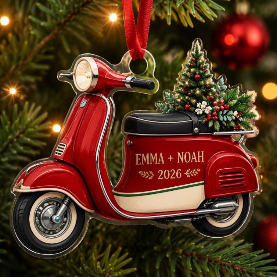 Picture of Personalized Scooter Christmas Ornament, Custom Couple Acrylic Ornament, Vintage Vespa Gift, Travel Lover Keepsake, Romantic Holiday Decor
