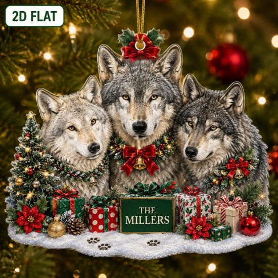 Picture of Personalized Wolf Family Christmas Ornament, Custom Gray Wolf Acrylic Ornament, Wildlife Lover Gift, Forest Animal Keepsake, Holiday Decor