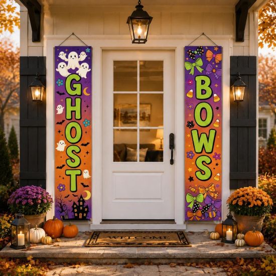 Picture of Ghost Bows Halloween Home Decor Banners, Front Door Hanging Signs, Spooky Porch Decoration, Fall Seasonal Outdoor Decor,Party Entrance Decor