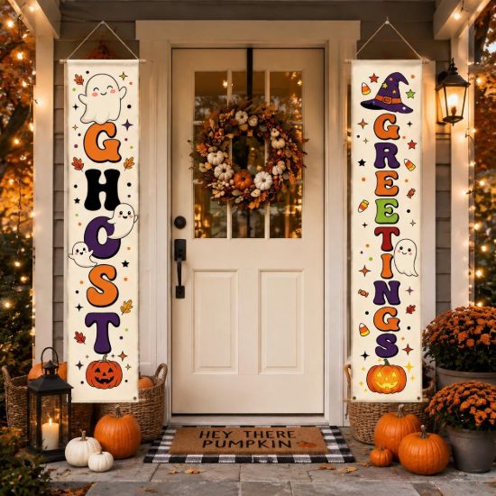Picture of Ghost Greettings Halloween Door Banners, Halloween Porch Decor, Spooky Front Door Hanging Signs, Fall Home Decoration, Trick Or Treat Decor