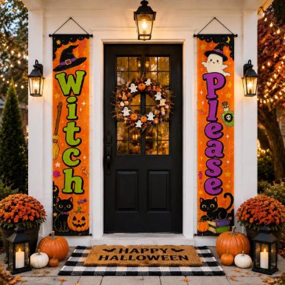 Picture of Set of 2 Halloween Door Banners, Spooky Witch Porch Decor, Halloween Front Door Hanging Signs, Fall Outdoor Decoration, Haunted Season Decor