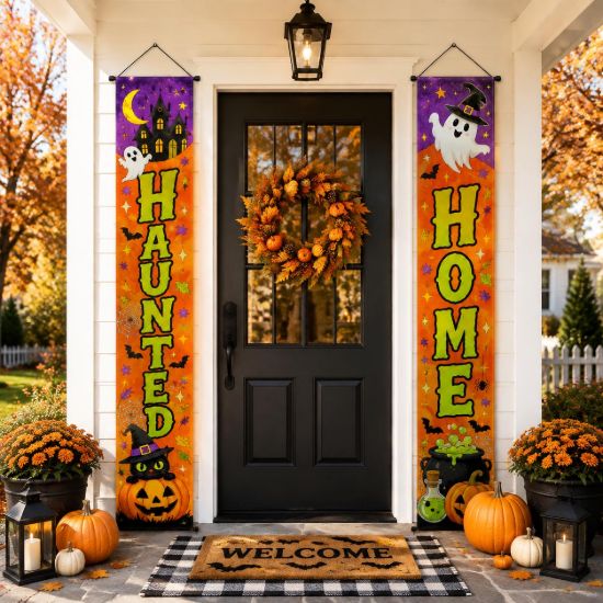 Picture of Halloween Door Banner Set of 2, Spooky Front Porch Decor, Halloween Hanging Signs, Fall Outdoor Home Decoration, Haunted Season Entryway
