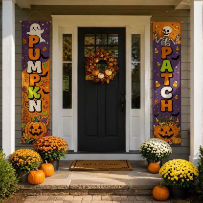 Picture of Set of 2 Halloween Door Banners, Halloween Porch Decor, Spooky Front Door Hanging Signs, Fall Outdoor Decoration, Pumpkin Season Home Decor