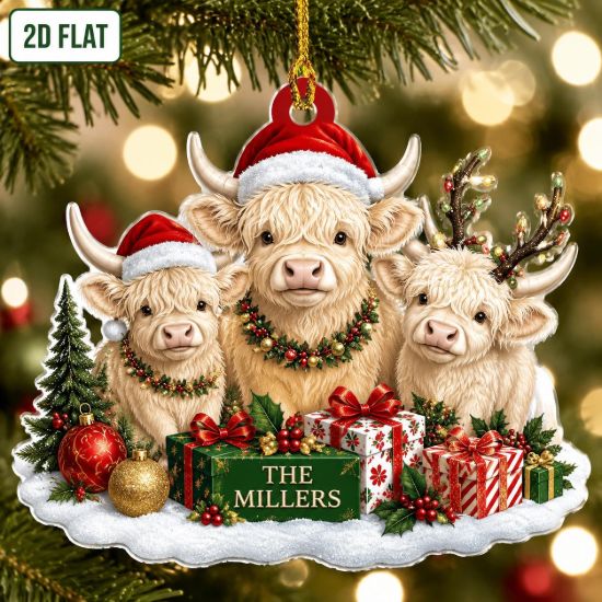 Picture of Personalized Highland Cow Christmas Ornament, Custom Scottish Highland Cattle Family Ornament, Farm Animal Lover Gift, Rustic Keepsake Decor