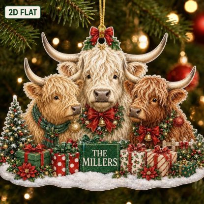 Picture of Personalized Highland Cow Christmas Ornament, Custom Highland Cattle Family Ornament, Scottish Cow Lover Gift, Farmhouse Holiday Keepsake
