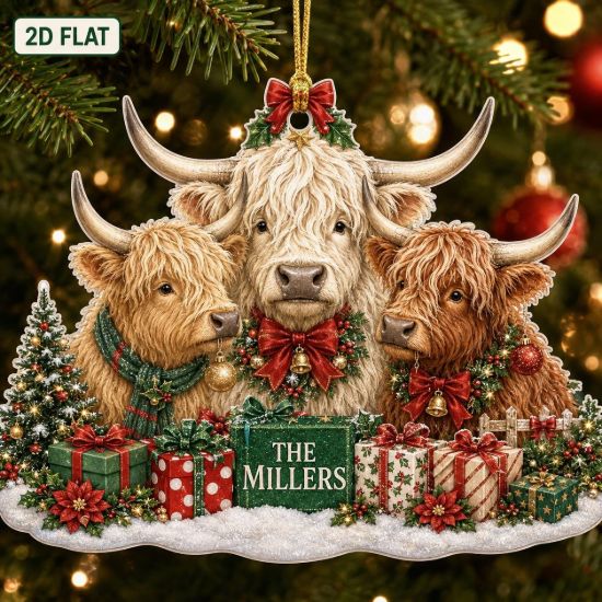Picture of Personalized Highland Cow Christmas Ornament, Custom Highland Cattle Family Ornament, Scottish Cow Lover Gift, Farmhouse Holiday Keepsake