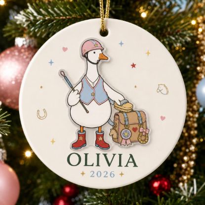 Picture of Personalized Goose Equestrian 2 Layer Ceramic Ornament, Custom Name Horse Rider Christmas Keepsake, Riding Instructor Holiday Gift for Her