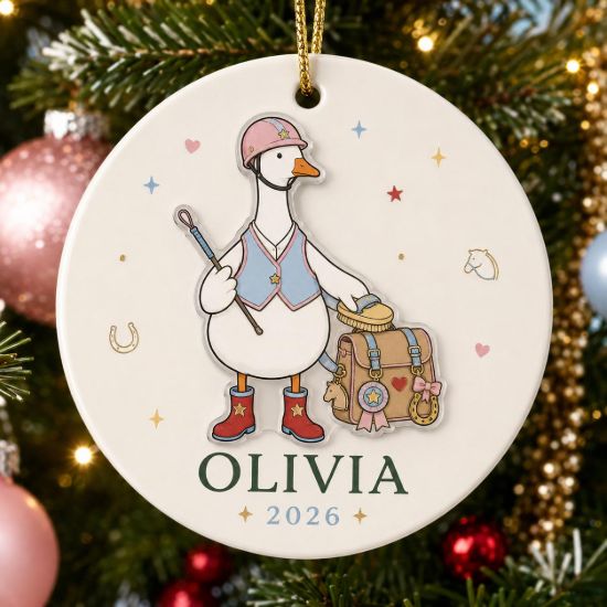 Picture of Personalized Goose Equestrian 2 Layer Ceramic Ornament, Custom Name Horse Rider Christmas Keepsake, Riding Instructor Holiday Gift for Her