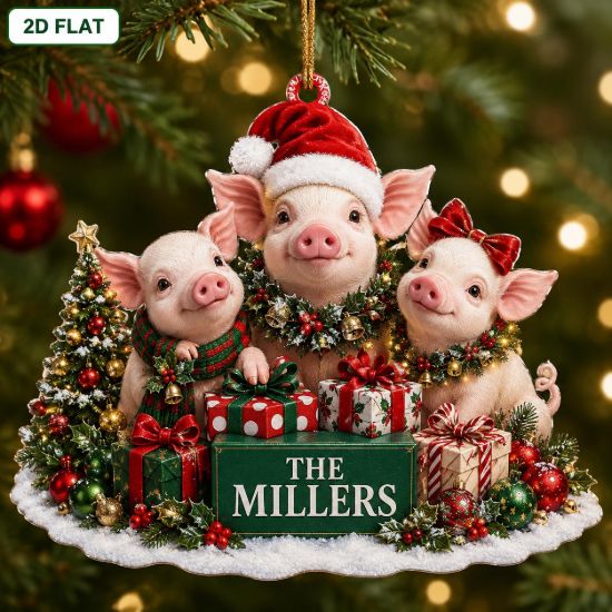 Picture of Personalized Pig Christmas Ornament, Custom Pig Family Keepsake, 3 Pig Holiday Gift, Farm Animal Lover Decor, Funny Farmhouse Christmas Gift