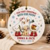 Picture of Our First Christmas With Our Puppy 2 Layer Ceramic Ornament 2026, Personalized Pet Gift, Custom Couple and Dog Names Goose Ornament 2026
