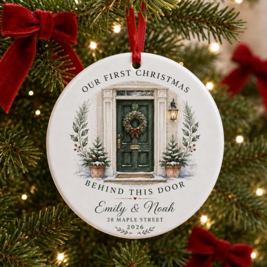 Picture of Personalized Home Christmas Ornament, Behind This Door Keepsake, Custom Address Ornament, First Home Gift, Christmas Tree Decor
