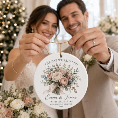 Picture of Personalized Wedding Christmas Ornament, Custom Floral Bouquet Keepsake, Wedding Date Ornament, Newlywed Gift, First Christmas Married