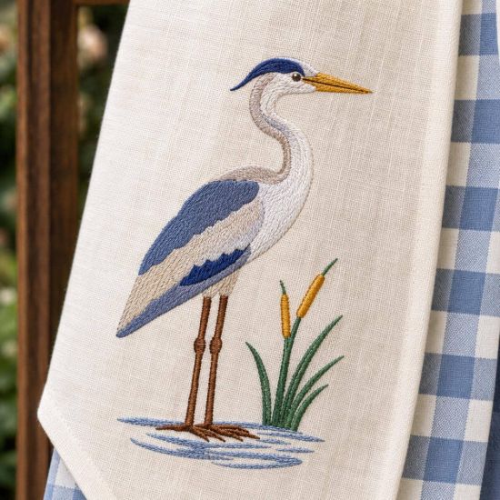 Picture of Blue Heron Embroidery Design, Heron Machine Embroidery File, Coastal Bird Marsh Design, Lake House Decor Digital Download File Pes Dst
