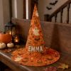 Picture of Personalized Halloween Witch Hat, Custom Name Adult Kids Witch Costume Hat, Orange Ghost Pumpkin Spooky Trick or Treat Halloween Party Hat