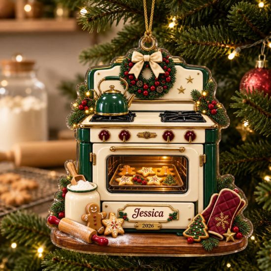 Picture of Personalized Vintage Baking Oven Acrylic Ornament 2026, Custom Name Christmas Kitchen Keepsake, Baker Gift, Home Baker Holiday Tree Decor