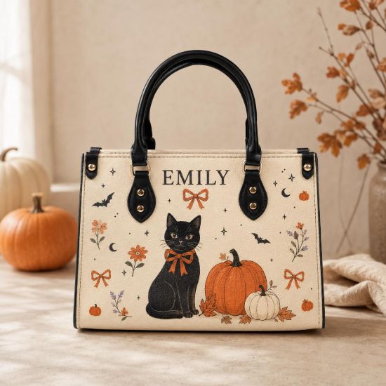 Picture of Personalized Halloween Handbag, Custom Name Black Cat Purse, Pumpkin Autumn Tote Bag, Spooky Fall Bag, Witchy Gift for Her, Cat Lover Gift