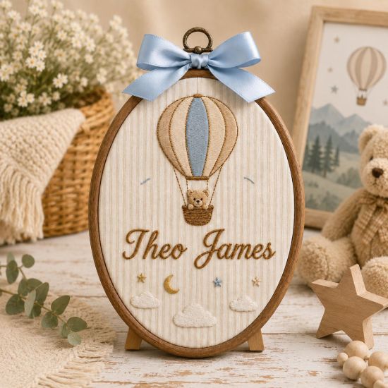 Picture of Personalized Baby Name Embroidery Hoop, Hot Air Balloon Nursery Decor, Teddy Bear Wall Art, Baby Boy Gift, Custom Nursery Name Sign Keepsake