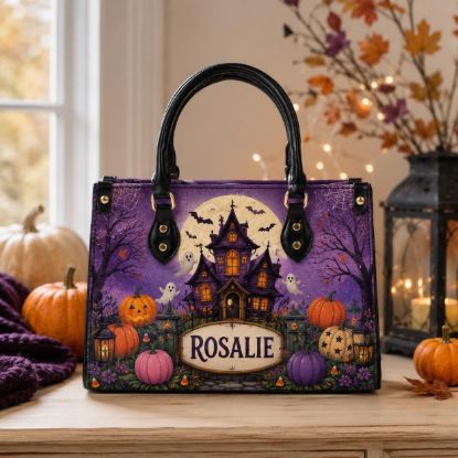 Picture of Personalized Halloween Leather Shoulder Bag, Custom Name Haunted House Purse, Ghost Pumpkin Bag, Spooky Gothic Gift for Her, Halloween Tote