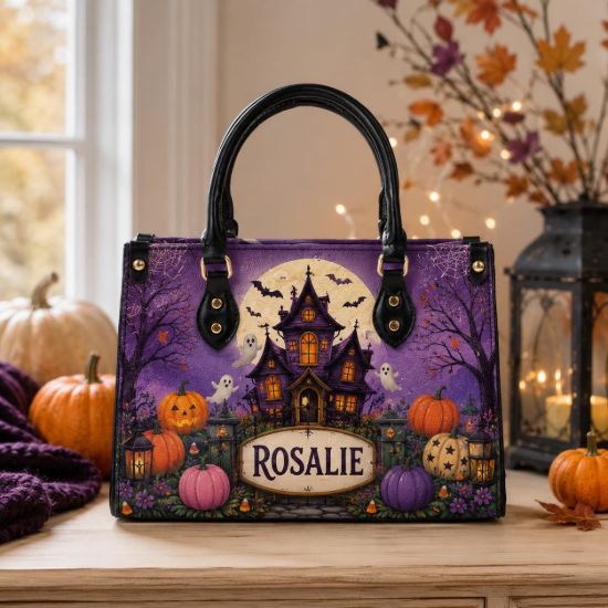 Picture of Personalized Halloween Leather Shoulder Bag, Custom Name Haunted House Purse, Ghost Pumpkin Bag, Spooky Gothic Gift for Her, Halloween Tote