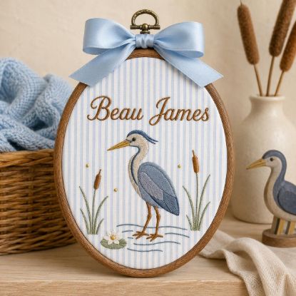 Picture of Personalized Name Embroidery Hoop, Heron Bird Nursery Decor, Custom Baby Name Sign, Baby Boy Wall Art, Woodland Nursery Gift, Kids Room Art