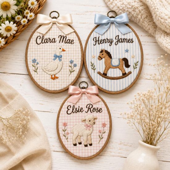 Picture of Personalized Name Embroidery Hoop, Farm Animal Nursery Decor, Goose Horse Lamb Wall Art, Baby Shower Gift, Custom Kids Room Keepsake Decor