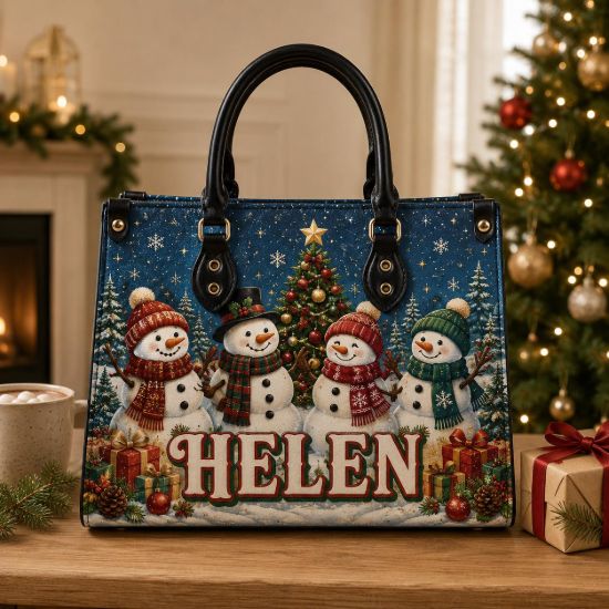 Picture of Personalized Christmas Leather Shoulder Bag, Custom Name Snowman Purse, Snowman Family Handbag, Holiday Gift for Her, Christmas Tote Purse