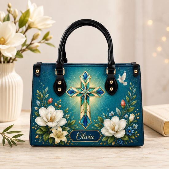 Picture of Personalized Christian Leather Shoulder Bag, Custom Name Cross Purse, Floral Faith Handbag, Religious Gift for Her, Christian Gift for Women