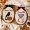 Picture of Personalized Fall Name Embroidery Hoop, Crow Pumpkin & Luna Moth Nursery Decor, Autumn Baby Gift, Custom Kids Room Wall Art, Halloween Gift