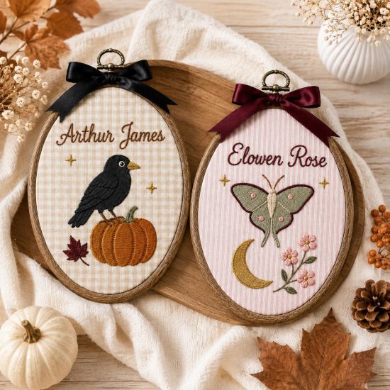 Picture of Personalized Fall Name Embroidery Hoop, Crow Pumpkin & Luna Moth Nursery Decor, Autumn Baby Gift, Custom Kids Room Wall Art, Halloween Gift