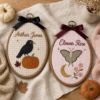 Picture of Personalized Fall Name Embroidery Hoop, Crow Pumpkin & Luna Moth Nursery Decor, Autumn Baby Gift, Custom Kids Room Wall Art, Halloween Gift
