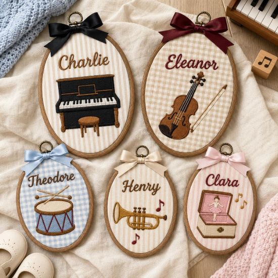 Picture of Personalized Music Embroidery Hoop, Custom Name Nursery Wall Decor, Musical Instrument Ornament, Piano Violin Drum Trumpet Gift for Kid Room