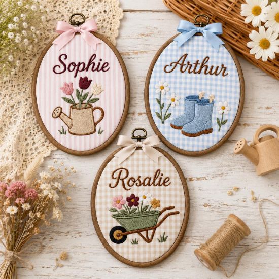 Picture of Personalized Garden Name Embroidery Hoop, Floral Nursery Decor, Watering Can Rain Boots Wheelbarrow Wall Art, Baby Shower Gift, Kids Decor