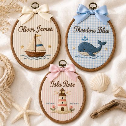 Picture of Personalized Nautical Embroidery Hoop, Custom Name Nursery Decor, Sailboat Whale Lighthouse Wall Art, Coastal Baby Gift, Kids Room Decor