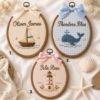 Picture of Personalized Nautical Embroidery Hoop, Custom Name Nursery Decor, Sailboat Whale Lighthouse Wall Art, Coastal Baby Gift, Kids Room Decor