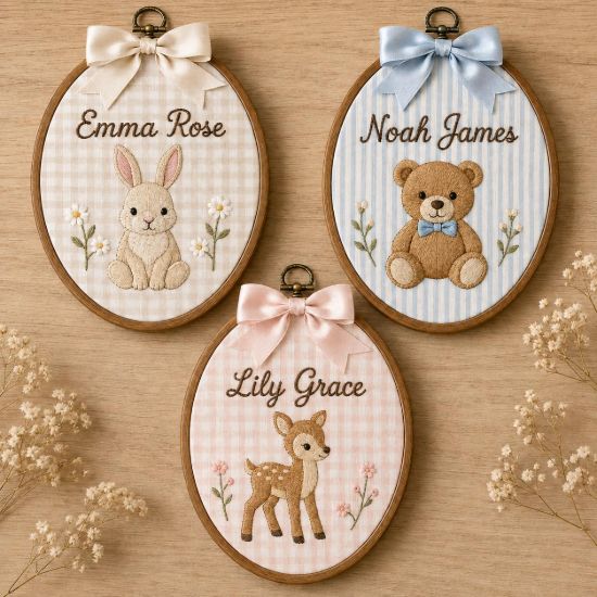 Picture of Personalized Woodland Embroidery Hoop, Custom Name Nursery Decor, Bunny Bear Deer Wall Art, Baby Shower Gift, Kids Room Decor, Baby Keepsake