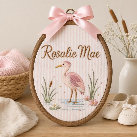Picture of Personalized Heron Embroidery Hoop, Custom Name Nursery Decor, Pink Heron Wall Art, Baby Girl Gift, Floral Kids Room Decor, Baby Keepsake