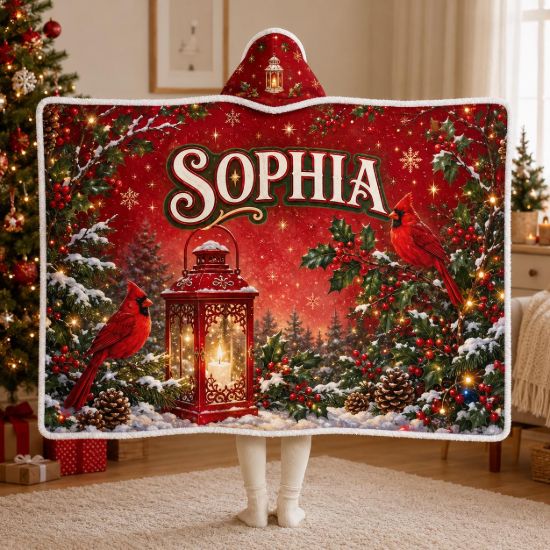Picture of Personalized Christmas Wearable Blanket, Custom Name Cardinal Hooded Blanket, Red Bird Sherpa Blanket, Cozy Christmas Gift 2026