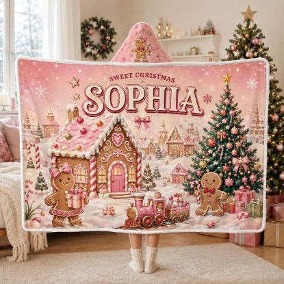 Picture of Personalized Christmas Wearable Blanket, Custom Name Gingerbread Hooded Blanket, Pink Sherpa Blanket, Christmas Gift for Kids & Adults