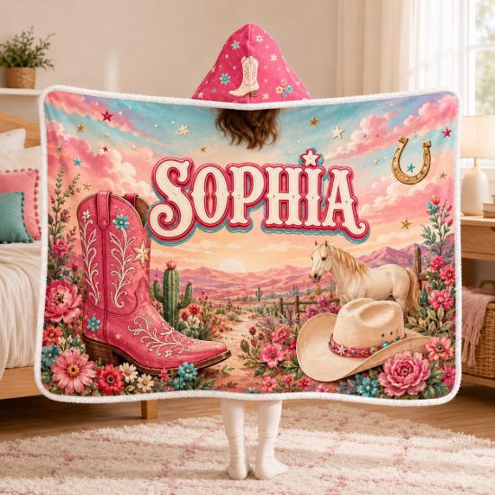 Picture of Personalized Cowgirl Wearable Blanket, Custom Name Western Hooded Blanket, Pink Cowboy Sherpa Blanket, Horse Gift for Girls Christmas